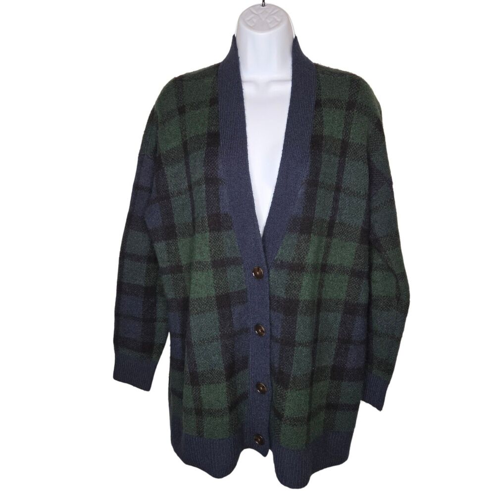 LOFT Plaid Knit Cardigan Sweater Womens Medium Green Navy Blue Wool Blend Button